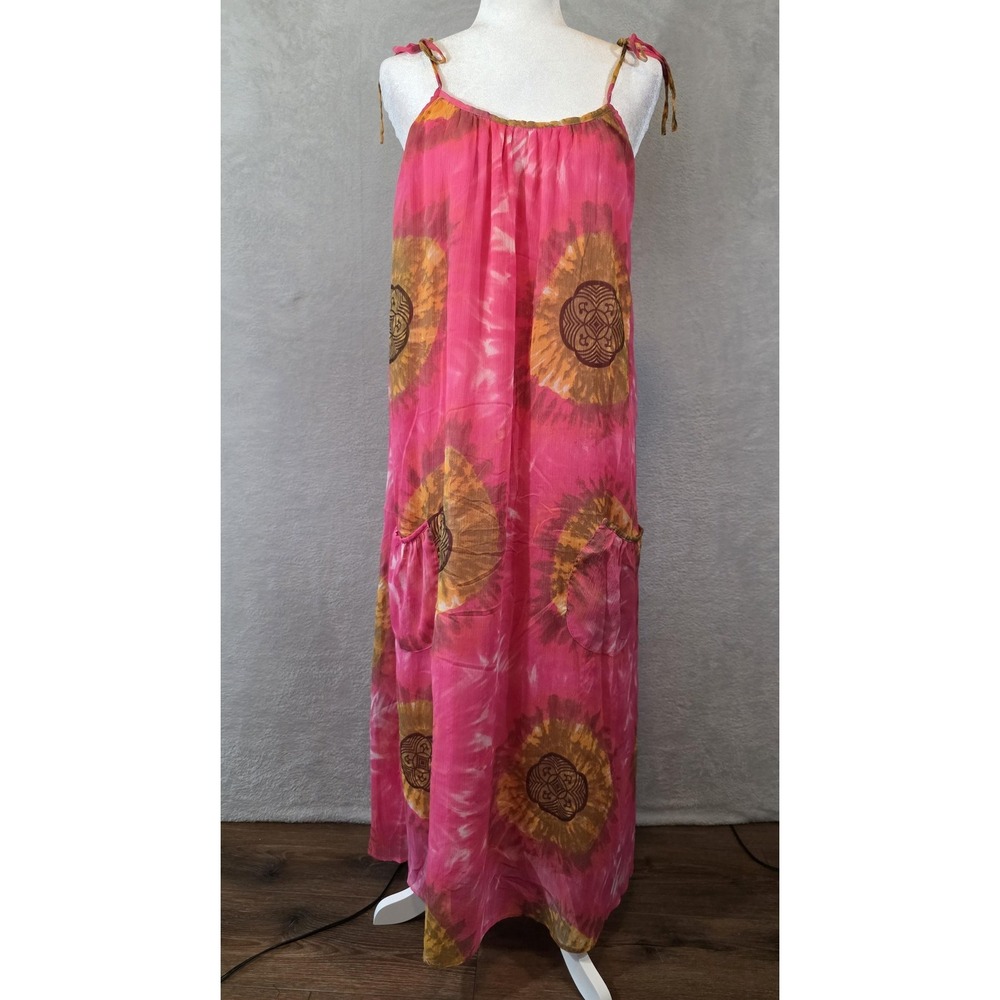 EUC Tie Dye Sundress Womens Large Pink Maxi Medallion Pockets Beach Festival
